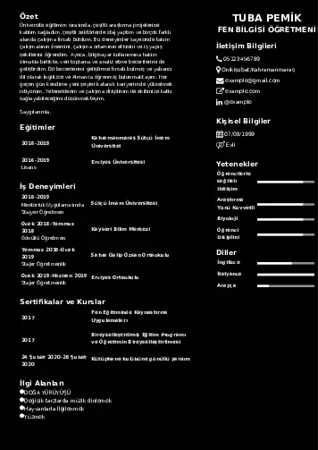 Fen Bilgisi Öğretmeni CV Örnekleri cv indir